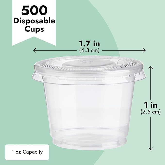 Juvale Disposable 1 Oz Portion Cups with Lids for Parties and Events In Bulk, Small Containers for Sample Tasting, Party Shots, Condiments, Sauces, Communion - Clear - 500-Pack