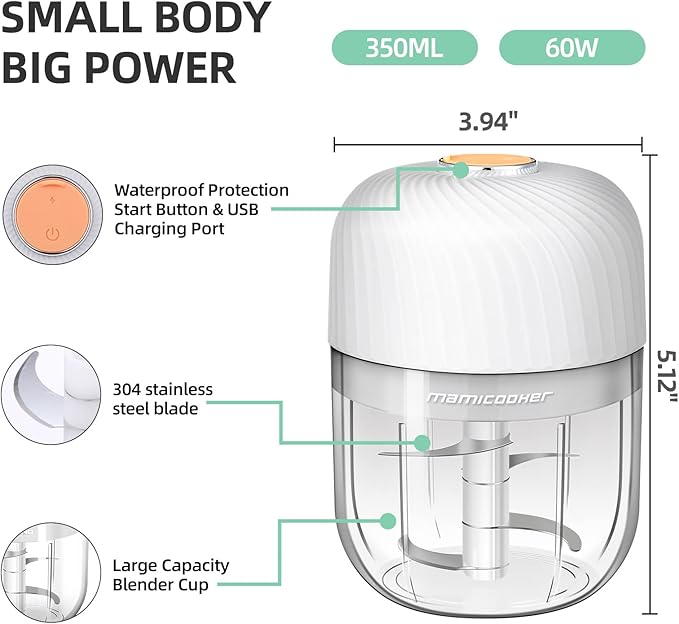 Electric Garlic Chopper, Portable Veggie Chopper, 350ML Garlic Grinder Masher Onion Chopper, Blender to Vegetable, Cordless Food Processor for Ginger, Chili, Fruit, Meat, Spices, Beans, etc