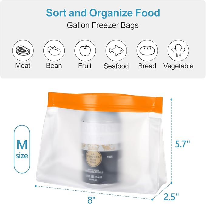 iSPECLE Reusable Bags for Food - 10 Pack Freezer Storage Bags BPA-Free with Stand-Up Bottom and Label, Easy to Get Frozen Meat, Vegetables, Fruit, Leakproof Freezer Bags Keep Food Fresh, Orange
