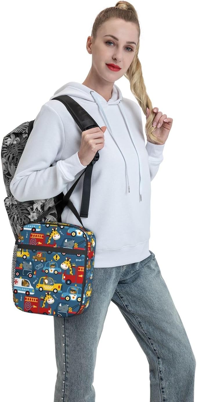 Insulated Lunch Box for Toddler Boys Kids Cars Lunch Box for Work,Picnic,School,Travel,Hiking,Beach or Fishing Polyester Funny Animal Driver Cars Theme Lunch Bag