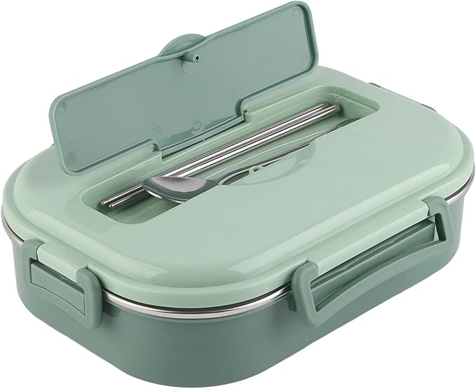 Raguso Boxs Dinnerware 4‑Grid Lunch Box Stainless Steel Meal Prep Containers for Canteens Office Family Food Storage Container (Four-compartment lunch box with soup bowl: green)