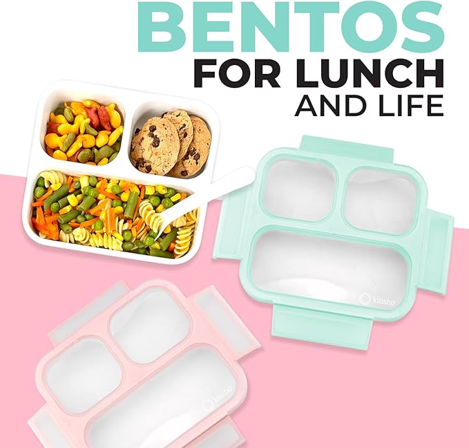 Medium Bento Box for Kids, Lunch-Box for Boys or Girls, Leakproof 3 Compartment Containers for Meal or Snack, BPA Free, 2 pack Pastel Teal + Pink