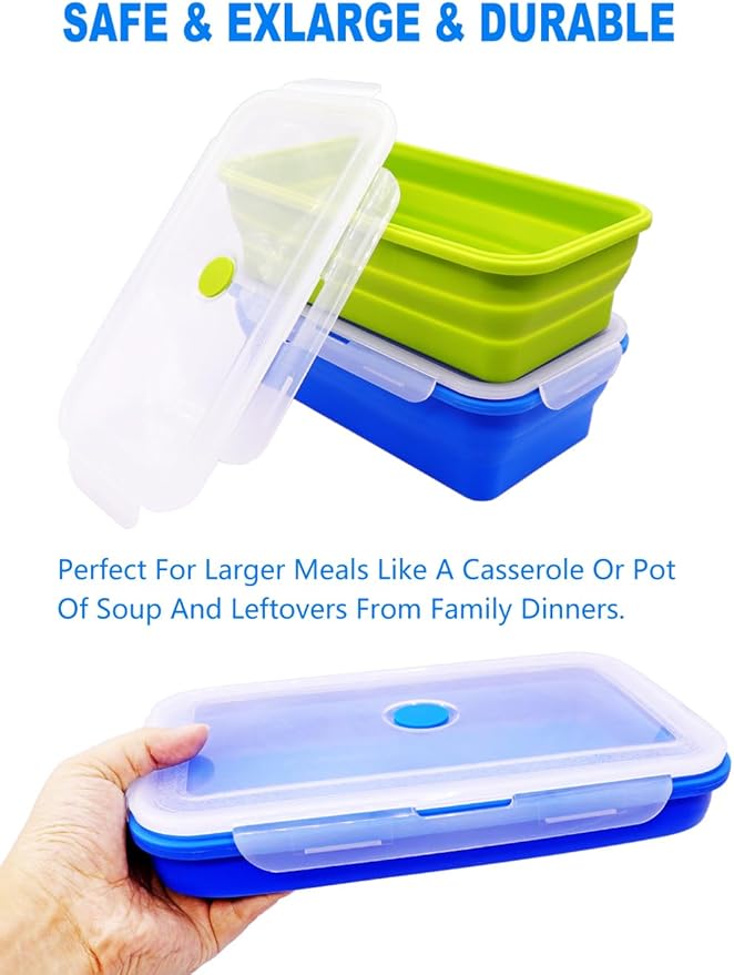 Extra Large Collapsible Silicone Food Storage Containers With Lids, 82.8oz, 2 Pack, XXL Foldable Bento Lunch Box, Big Meal Boxes for Kitchen, Camping, BPA Free