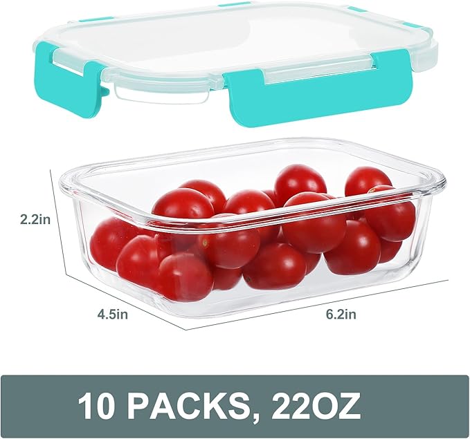 10 Packs 22 oz Glass Meal Prep Containers, Glass Food Storage Containers with Lids, Airtight Lunch Boxes BPA Free, Microwave and Freezer Safe, Green