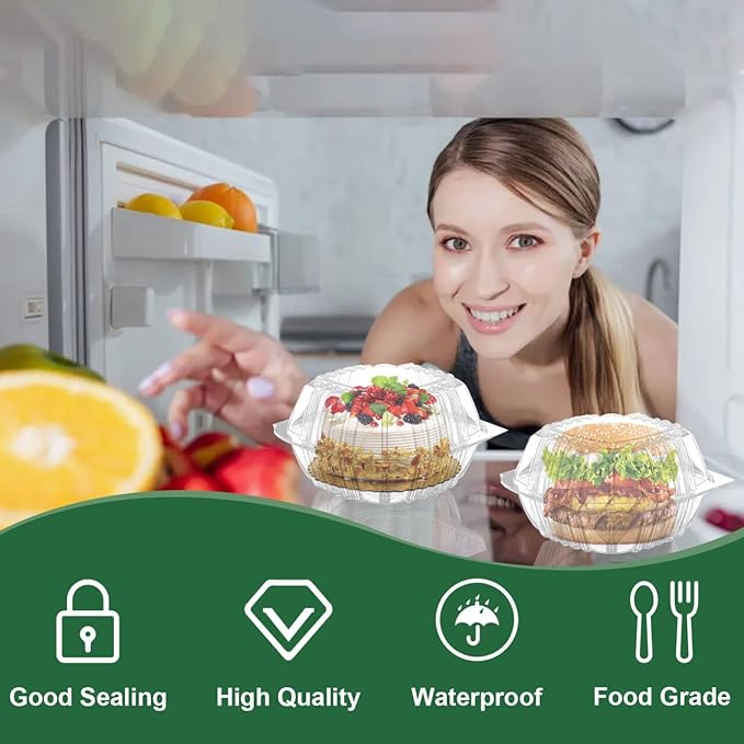 200 Pack Clear Clamshell Food Containers, Disposable Food Containers with Lids, 6 x 6 Inch Hinged Plastic To Go Containers for Dessert, Cake, Salad, Bakery Supplies - With sealing sticker