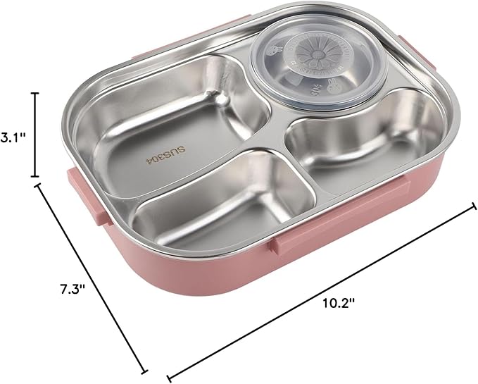 Raguso Boxs Dinnerware 4?Grid Lunch Box Stainless Steel Meal Prep Containers,for Canteens Office Family Food Storage Container (Four-compartment lunch box with soup bowl: pink)