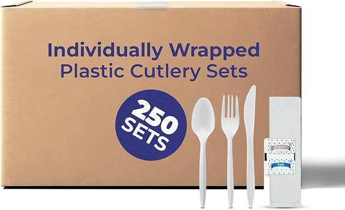 250 Pack Individually Wrapped Cutlery Set, Dispobasble Utensils Sets, White - Includes Disposable Cutlery Forks/Spoon/Knife/Napkin/Salt & Pepper - 250 Sets