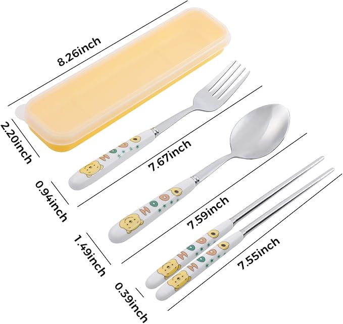 Cartoon Pooh Bear Print Portable Utensils with Case Pooh Piglet Reusable Flatware Set Chopsticks Fork Spoon Set for Travel Picnic, Middle, Blue