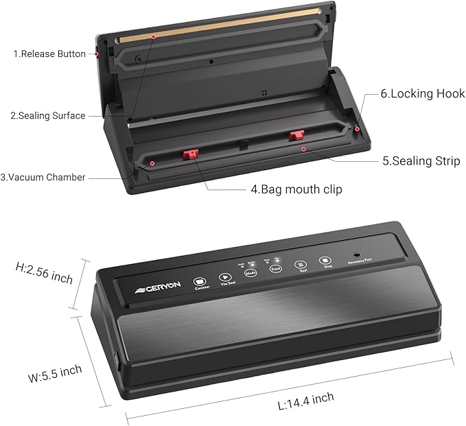 GERYON Vacuum Sealer Machine, Food Vacuum Sealer with Powerful Suction | Slim Design | Easy to Use | Led Indicator Lights for Sous Vide, Meal Prep, w/Starter Kits for Vacuum Seal Container