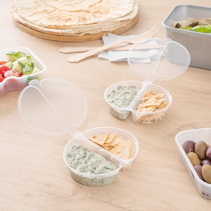 Restaurantware Futura 4 Ounce Snack Containers 100 Microwavable Sauce Containers - 2 Compartments Hinged Lid Clear Plastic Portion Cups For Condiments Or Dips
