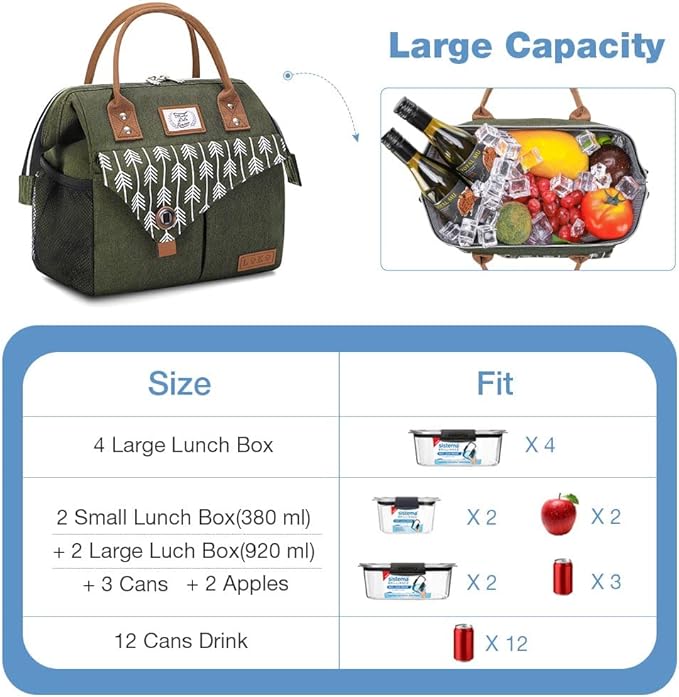 Lekesky Insulated Lunch Bag Portable Lunch Box for Office Work Picnic Beach Workout Reusable Tote Lunch Bag Organizer for Women Adult, Green