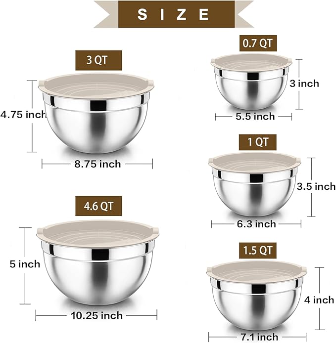 P&P CHEF Mixing Bowl with Lid Set of 5, 10-Piece Stainless Steel Nesting Salad Bowl Set for Prepping, Mixing and Serving, Size 4.6, 3, 1.5, 1, 0.7 QT, Rimmed Edges & Flat Base, Khaki