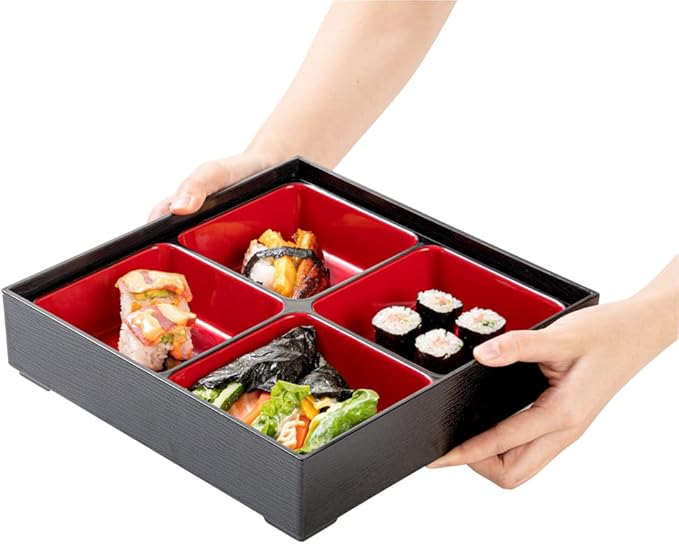 Restaurantware-10 x 2.4 Inch Compartment Lunch Container, 1 Japanese Style Adult Lunch Container - With 4 Compartments, Greaseproof, Black & Red Plastic Divided Lunch Box, For Hot & Cold Food