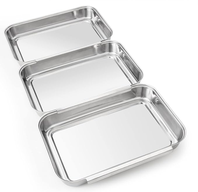 HULISEN Set of 3 Breading Pans, Stainless Steel Breading Set for Marinating Meat, Chicken, Fish, Food Prep Trays, Coating Trays Can Be Used to Baking Cake, Oven Safe