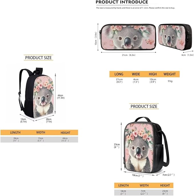 Dolyues Pink Flower Koala Girls 3-Piece Set: 17 Inch Laptop-Compatible Backpack, Leak-Proof Lunch Bag & Pencil Pouch - Extra Padding & Anti-Lost