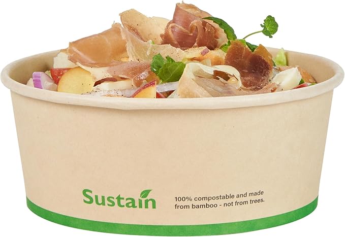 Restaurantware-Sustain 25 Ounce Sturdy Paper Take Out Boxes, 50 Round Take Out Food Containers - With PLA lining, Compostable, Bamboo Paper Containers, Disposable, Greaseproof