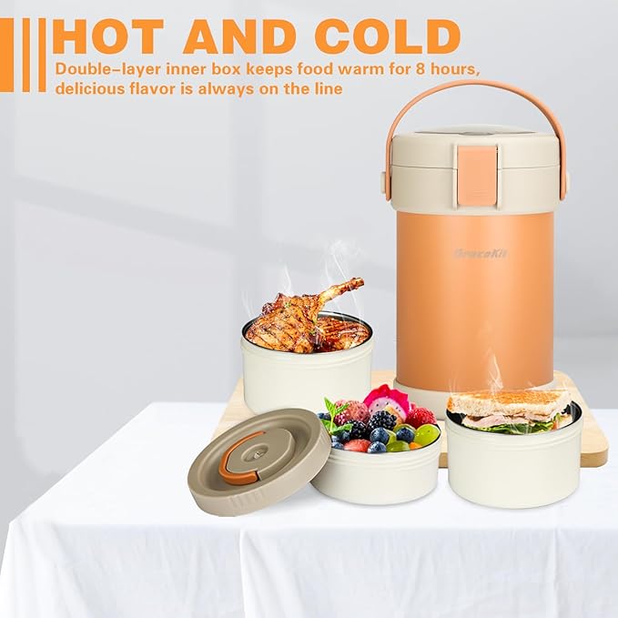 Thermo for Hot Food 3-Layer Termos Para Comida Caliente 67oz Leakproof Lunch Box for Men Women Adults - Insulated Soup Container w/Cutlery, Collapsible Cup & Thermal Bag, Office Camping Travel