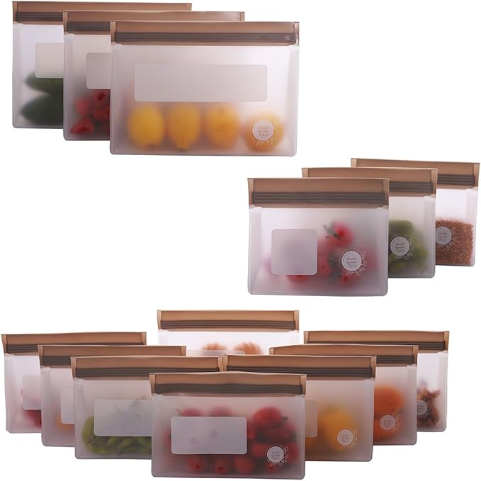 Reusable Silicone Food Storage Bags – 14-Pack Stand-Up, BPA-Free, Freezer, Dishwasher Safe & Eco-Friendly – 3 L, 8 M, 3 S Bags – Airtight Leakproof, Sandwich, Snack, and Meal Prep Baggies (Grey)