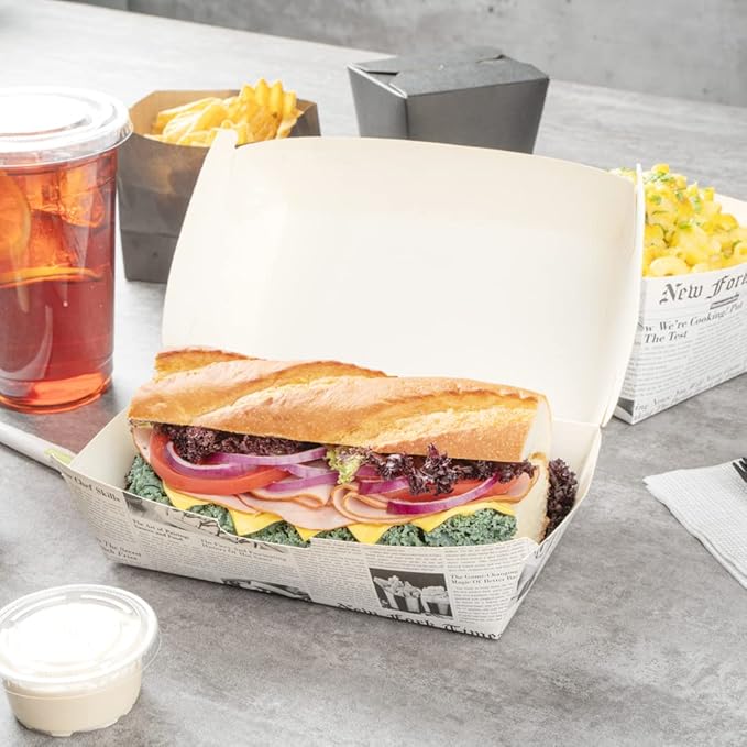 Restaurantware Bio Tek 6.7 x 3.5 x 3.5 Inch Clamshell Food Containers 100 Disposable Sandwich Containers - Hinged Lid Tab-Lock Closure Newsprint Paper Hot Dog Containers Recyclable Greaseproof