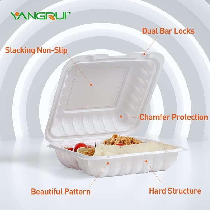 YANGRUI Clamshell Food Containers, 65 Pack 7.8 Inch BPA Free Reusable To Go Container 30 oz Shrink Wrap 3 Compartment Freezer and Microwave Safe MFPP Take Out Boxes