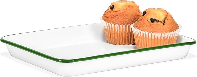 Red Co. 11" x 9" Enamelware Metal Classic 2 Quart Rectangular Serving Tray, Solid White/Dark Green Rim