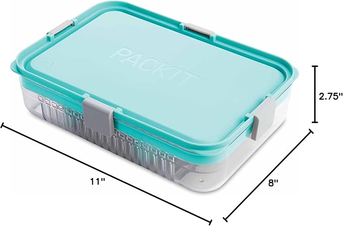 PackIt Mod Large Bento Food Storage Container, Mint, Shatterproof Crystal Clear Base, with Leak-resistant Dividers, Lid, Microwavable, Dishwasher Safe, Designed for Storing Large Meals and Leftovers