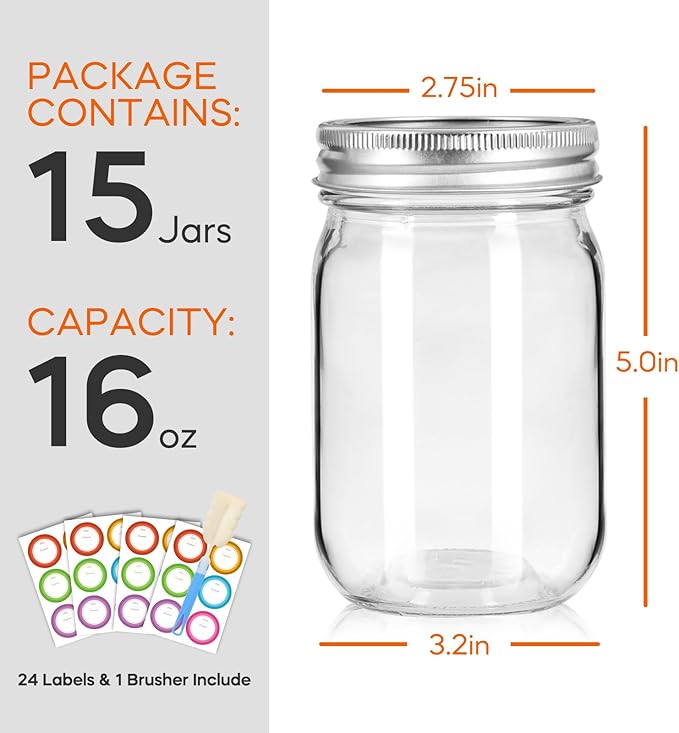 Mason Jars 16 oz with Lids and Bands, 15 Pack Regular Mouth Canning Jars, Clear Glass Jars for Canning, Food Storage and Fermenting, Labels & Brusher Included - Microwave & Dishwasher Safe