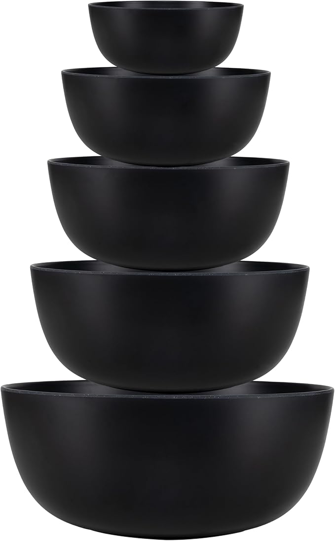 LEHAHA Bamboo Fiber Melamine Mixing Bowls, Set of 5, Nested Kitchen Bowls Set, Large Stackable Serving Bowls for Kitchen, Storage Bowl Ideal for Prepping, Cooking and Serving Food, Matte Black