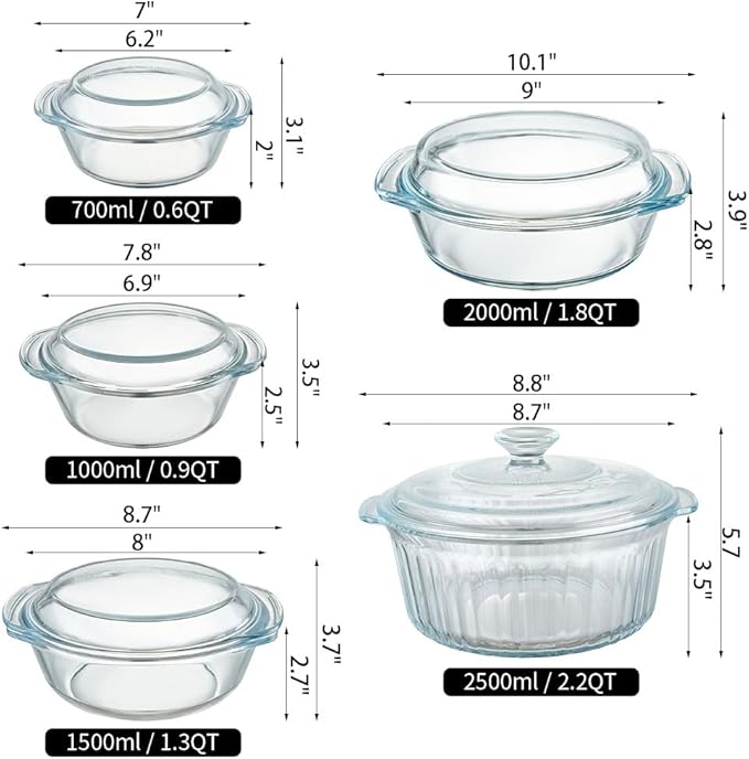 Glass Food Storage Containers with Lids, 5-Piece Nesting Bowl Set, Microwave Safe Bakeware Serving, Cooking, Microwave and Dishwasher Safe Bakeware-0.7L+1L+1.5L+2L+2.5L