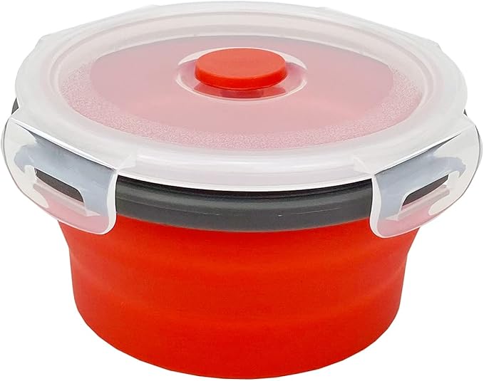 CCyanzi 3piece Round Collapsible Bowl with Lids, Silicone Food Storage Containers, Microwave & Freezer Safe, Space Saving for Kitchen Cabinet and Camping Backpack,(Red Gray)