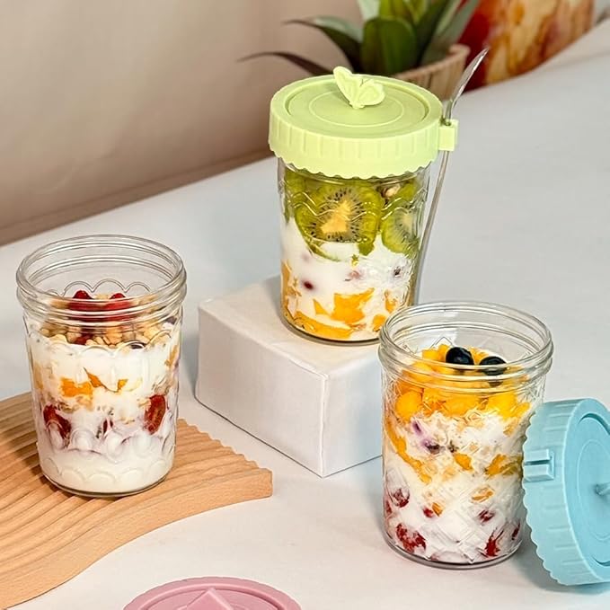 4 Pack Overnight Oats Containers With Lids and Spoons, 20 Oz Glass Oats Containers Jars, Leak Proof Mason Jars With Airtight Lids, Overnight Oat Jar For Milk, Cereal, Fruit