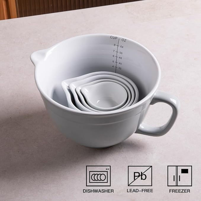 Sweejar Porcelain Mixing Bowl with Scale, Ceramic Serving Container for Kitchen, Nesting Bowl with Handle, Using for Baking, Prepping, Cooking, Set of 5 (Gray)