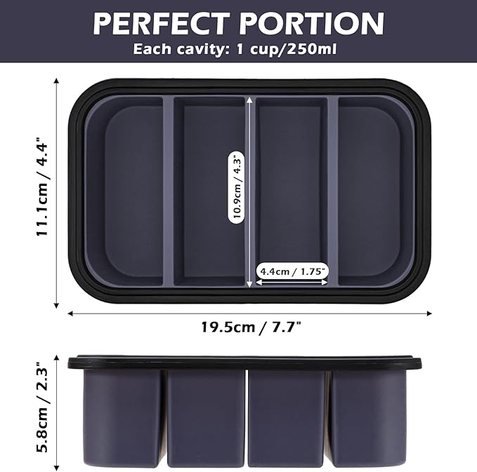 Webake Silicone Freezer Tray with Lid, Food Storage Container 1 Cup Portion, Ice Cube Tray for Soup Sauce Meal Prep, BPA Free - Grey
