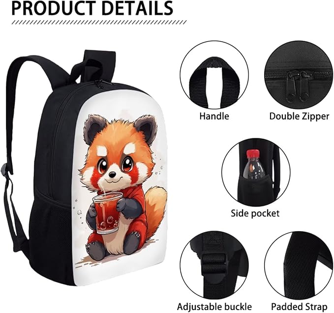 Dolyues Cute Raccoon Girls 3-Piece Backpack Set: 17 Inch School Bag, Double-Shoulder Lunch Pack & Pencil Pouch - Lightweight & Waterproof for Ages 6-12