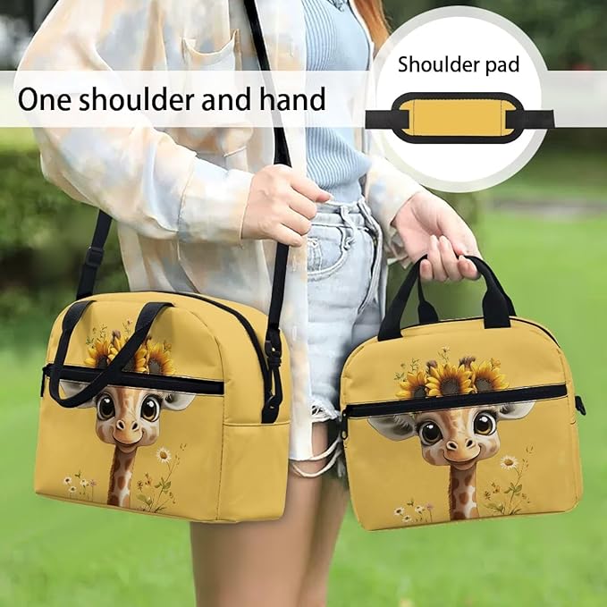 Showudesigns Sunflower Giraffe Lunch Bag for Girls 8-10 10-12 Insulated Lunch Box Kids Cute Food Cooler Tote Bags with Shoulder Straps Lunchbox Containers Travel Bag Picnic Bags