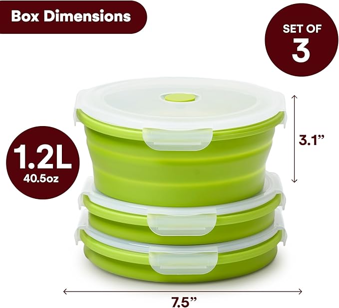 Vdomus Collapsible Food Storage Containers - Leak Proof, Microwave Safe - 40.5oz/1.2L Airtight Silicone Food Containers - Meal Prep Collapsible Bowls with Lids - Set of 3 - Green