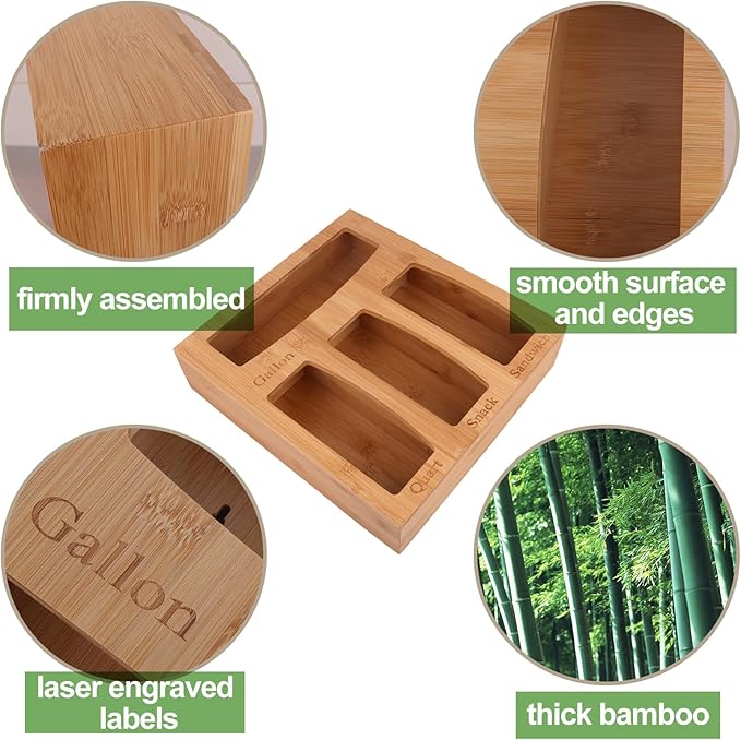 Premium Quality Solid Bamboo One Piece Plastic Bags Organizer, Food Storage Bag Dispenser for Kitchen Drawer, Bamboo Plastic Bag Organizer, Home Organization for Gallon Quart Snack Sandwich Bags