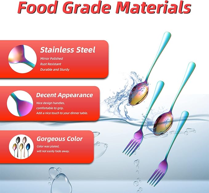 Rainbow Forks and Spoons, KITWARE 24-Piece Silverware Set for 12, Stainless Steel Flatware Cutlery Set for Daily Meal, Outdoor Camping, Hiking, Travel, Hotel