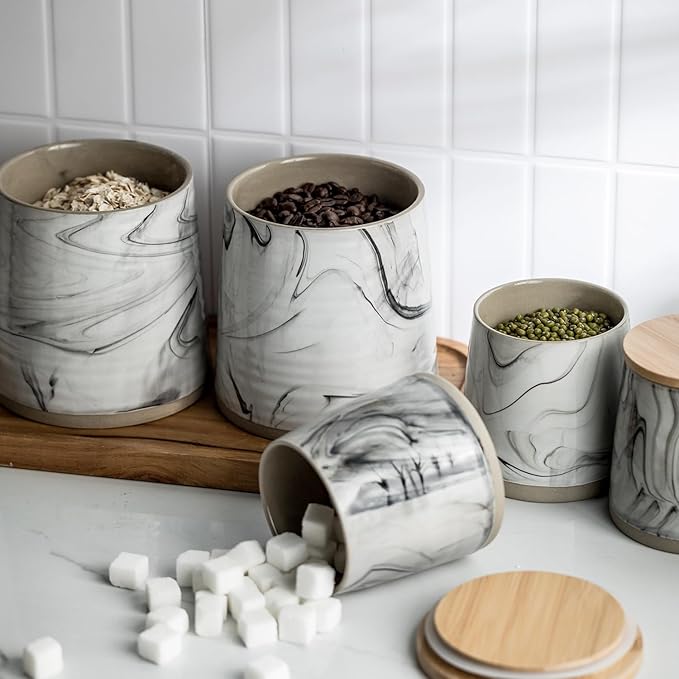 Ceramic Airtight Containers, Wide Mouth Food Storage Jars with Sealing Wooden Lids, Cereal Sugar Tea Coffee Bean Cookie Flour Canisters - Marble Design