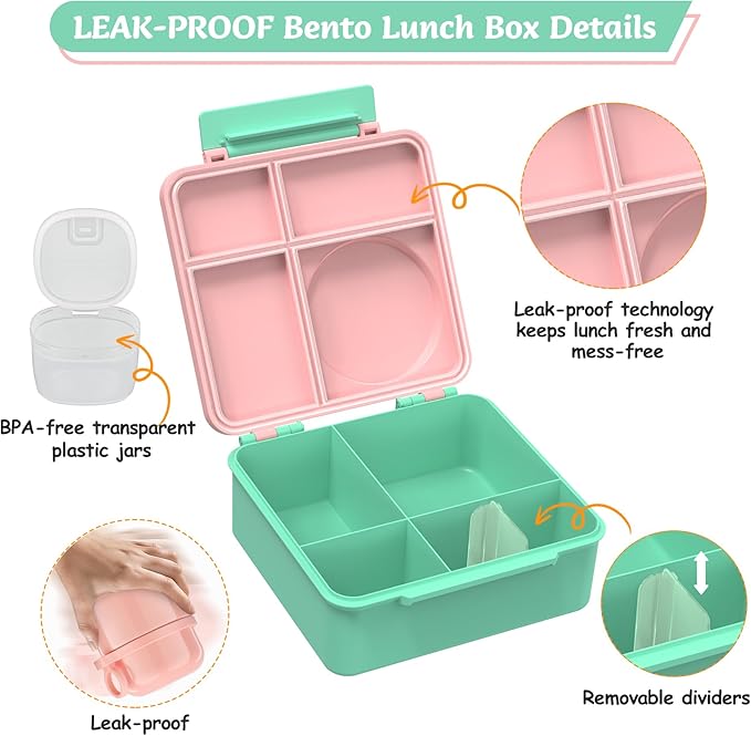 Bento Lunch Box for Kids with 12oz Soup Thermo, Leak-Proof Lunch Containers with 5 Compartments, Insulated Lunch Bag, Thermo Hot Food Jar with Spoon for Kids to School, Travel, Pink