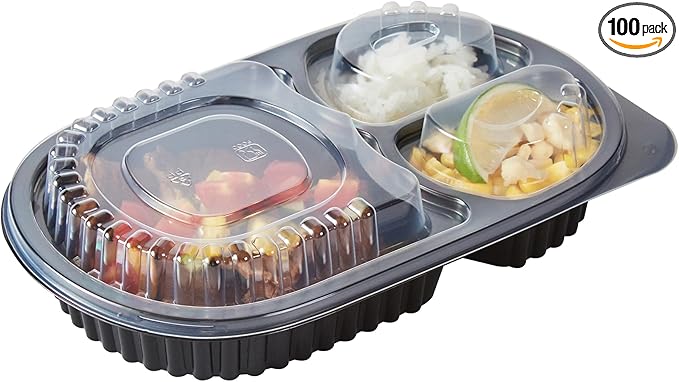 Restaurantware RW Base 19 Ounce Meal Prep Containers, 100 Microwavable To Go Containers With Lids - 3 Compartments, Disposable, Black Plastic Oval Food Containers, For Hot And Cold Food, Freezable