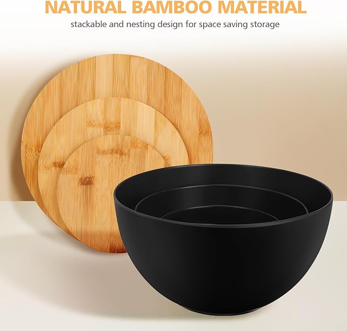 ShineMe Salad Bowl Set of 3, Natural Bamboo Fiber Salad Serving Bowls with Lids,Mixing Bowl for Preparing and Serving Salad, Cereal, Fruit, Veggies, Popcorn,Chips & Bread(10",8",6")