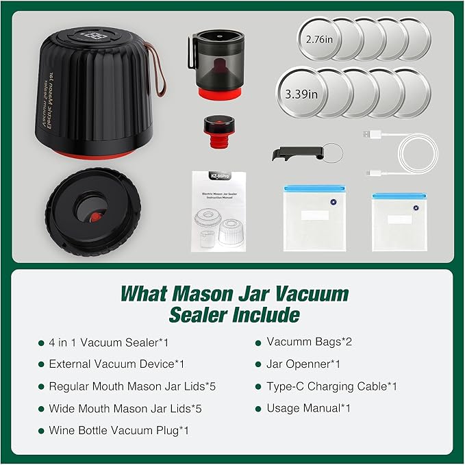 Electric Mason Jar Vacuum Sealer Kit,Upgraded 4 in 1 Automatic Stop Mason Jar Vacuum Sealer for Wide and Regular Mouth Mason Jars Wine Bottle Food Storage Box Vacuum Bag