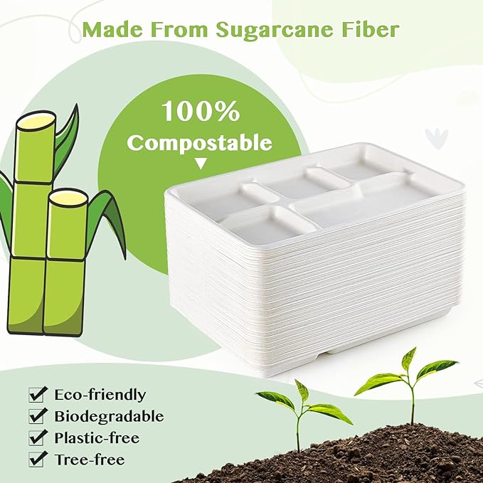 ECOLipak 100% Compostable 5 Compartment Plates, 100 Pack Disposable Compartment Paper Plates, 12.5 * 8.6 inch Biodegradable Sugarcane Plates, Eco-Friendly School Lunch Trays
