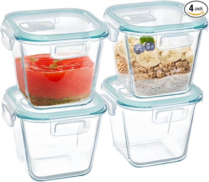 Qxbekmor Glass Soup Container with Airtight Lids, 4 Cup Square Glass Storage Containers, Meal Prep Container for Soup, Leftover, Overnight Oats, Oven, Microwave & Dishwasher Safe (4 Pack)