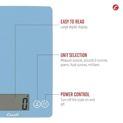 Escali Arti Digital Food Scale, Multi-Functional Kitchen Appliance, Precise Weight Measuring and Portion Control, Baking and Cooking Made Simple, Tempered Glass, Sky Blue