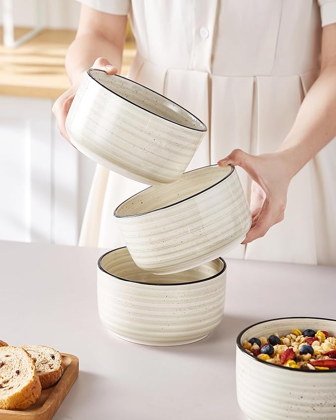 vancasso Bonbon Ceramic Bowls with Lids Set of 4, 36 oz Microwave Safe Soup Bowls, Airtight Food Storage Containers for Meal Prep, Salad, Cereal, Leftovers, Lunch, and Serving, Beige