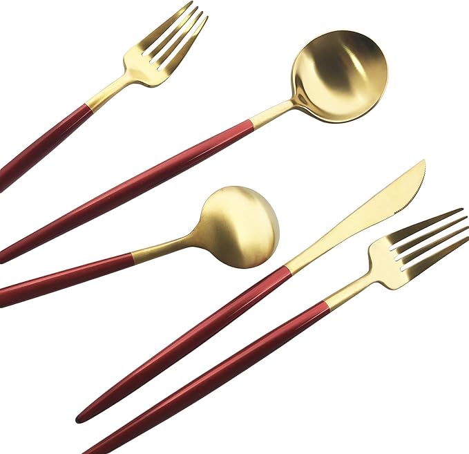 Silverware Set, Hand polished Matte Gold Red Flatware Cutlery Set Service for 4, Satin Finish 20 Pieces 18/10 Stainless Steel Utensils Set for Home and Restaurant, Dishwasher Safe