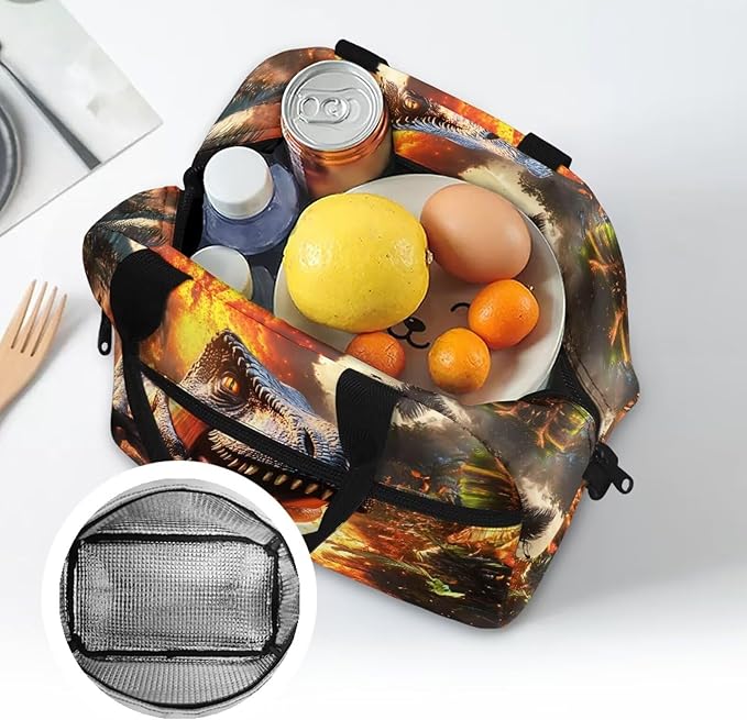 Showudesigns Dinosaur Lunch Bag for Kids Boys Lunch Boxes for School 10-12 Flame Bento Cooler Bag Cute Insulated Lunchbox Container Picnic Bags Crossbody Purse Brown