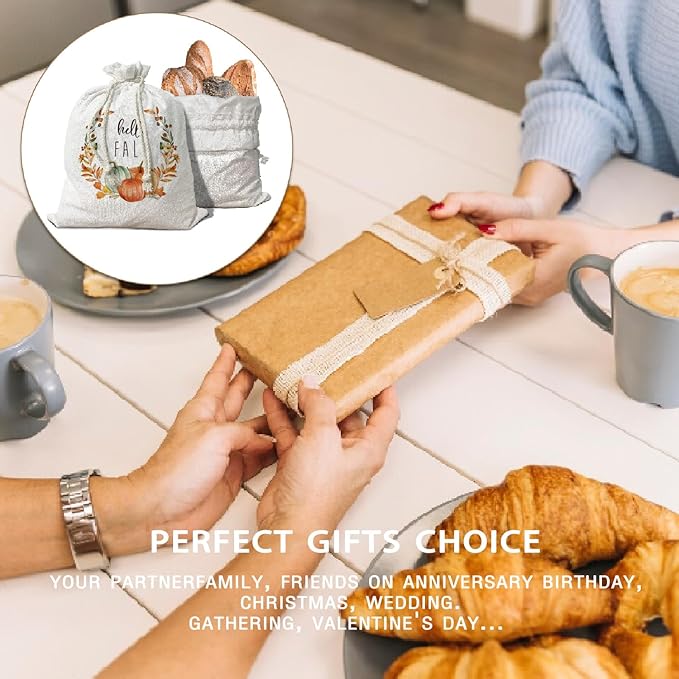 Pumplkin Homemade Bread Bag Box Pouches 2Pcs, Fall Sourdough Baking Supplies, Autumn Linen Reusable Kitchen Bag 15.511.8, Drawstring Closure, Fall Gifts for Women